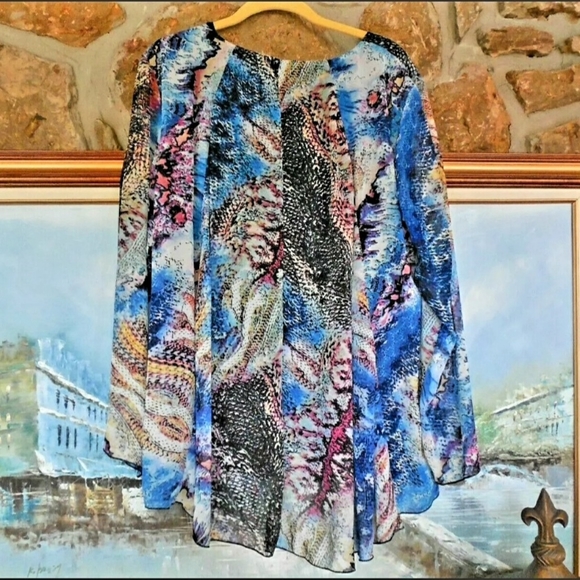 LINEA DOMANI BLUE PRINTED TOP SHEER FRONT LAYER W/BLACK UNDER LINING - Picture 7 of 10